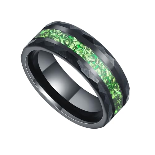 8mm Black Tungsten Mens Wedding Band with Moss Agate/Emerald/Citrine | Amethyst/Aquamarine, Gothic, Birthstone, Hammered, Engagement Promise Ring, Anniversary Valentine Day Birthday Gift for Him - style: Emerald