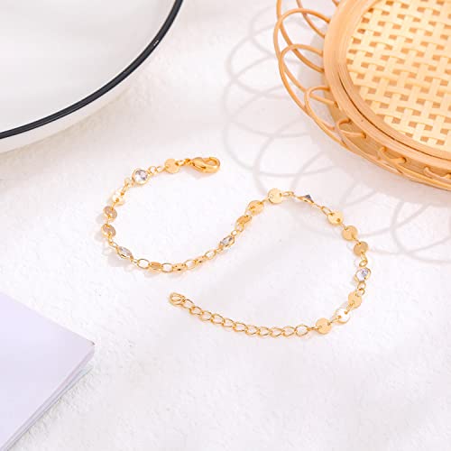 Womens Dainty Gold Chain Bracelet,Simple Layered Chain Bracelets,Beaded Turquoise Bracelet,Charm Crystal Bar,Heart,Karma,Triangle,Pearl Bracelets for Women - color: Gold Disc/CZ
