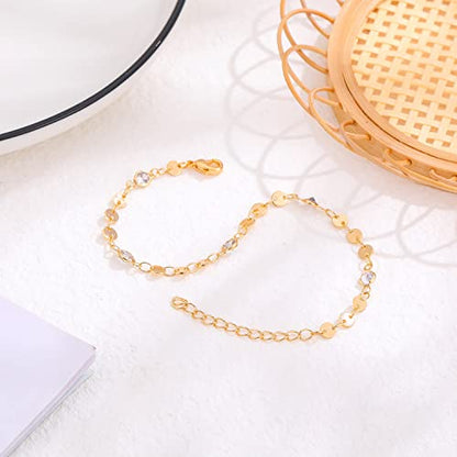 Womens Dainty Gold Chain Bracelet,Simple Layered Chain Bracelets,Beaded Turquoise Bracelet,Charm Crystal Bar,Heart,Karma,Triangle,Pearl Bracelets for Women - color: Gold Disc/CZ