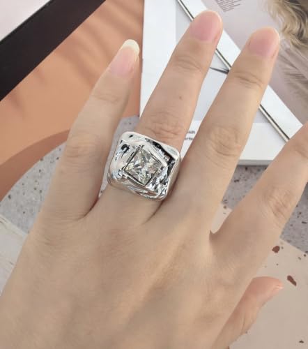 Fashion Square CZ Chunky Statement Ring for Women Size 7 | Stainless Steel, Hammered Textured, Rough, Geometric Crystal, Wide Stacking, Wedding Engagement Eternity Band, Dainty Jewelry - color: Silver