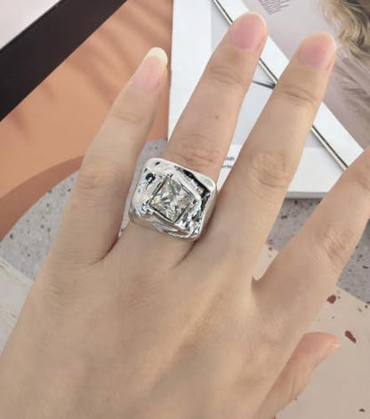 Fashion Square CZ Chunky Statement Ring for Women Size 7 | Stainless Steel, Hammered Textured, Rough, Geometric Crystal, Wide Stacking, Wedding Engagement Eternity Band, Dainty Jewelry - color: Silver