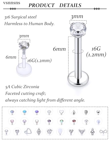 Vsnnsns 16G Lip Rings Stainless Steel Tragus Helix Conch Piercing Jewelry Snake Bite Piercing Monroe Lip Rings Labret Medusa Cartilage Lobe Earrings Studs Piercing Jewelry 6MM 8MM 10MM Silver 28PCS - style: 16G, 6MM