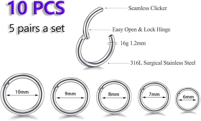 HQLA 16G Surgical Steel Hinged Clicker Segment Nose Rings Hoop Helix Cartilage Daith Tragus Sleeper Earrings Body Piercing for women 6mm 8mm 10mm 12mm 14mm - style: 16G - Steel - (6/7/8/9/10mm) - 10Pcs)