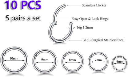 HQLA 16G Surgical Steel Hinged Clicker Segment Nose Rings Hoop Helix Cartilage Daith Tragus Sleeper Earrings Body Piercing for women 6mm 8mm 10mm 12mm 14mm - style: 16G - Steel - (6/7/8/9/10mm) - 10Pcs)
