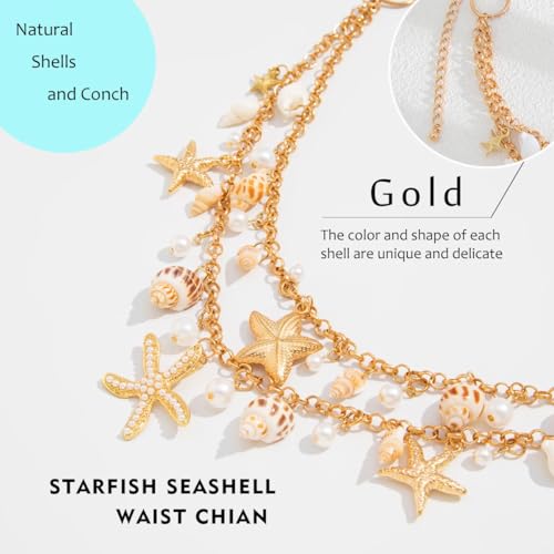 Seashell Starfish Waist Chain for Women Boho Conch Body Chains Gold Belly Chain Summer Beach Pearl Body Jewelry - style: 2-Layer