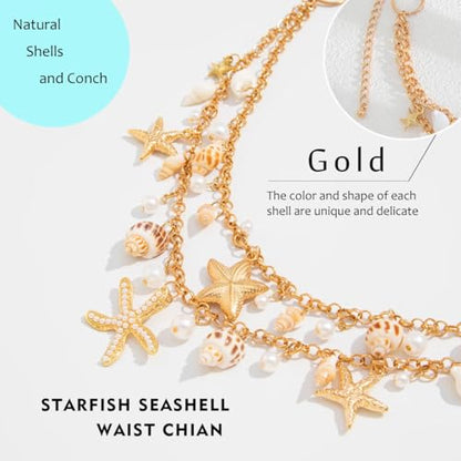 Seashell Starfish Waist Chain for Women Boho Conch Body Chains Gold Belly Chain Summer Beach Pearl Body Jewelry - style: 2-Layer