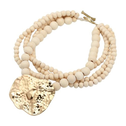 Multi Strand Bead Pendant Necklace for Women Stone Wood Pearl Jewelry | Gold Color Metal Charm Fashion Ethnic Tribal Elegant Statement - color: N1537-wood