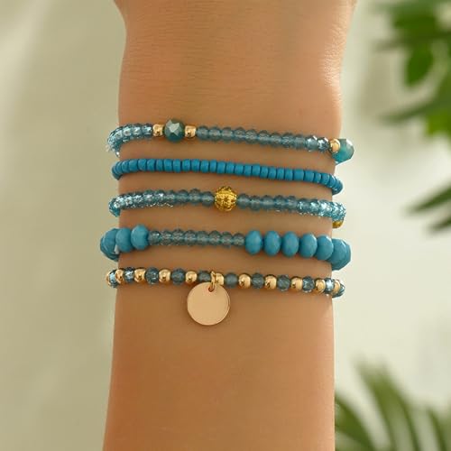 Bohemian Handmade Crystal Seed Beads Disc Pendant Colorful Multilayered Elastic Bracelets Stackable Stretch Strand Bangles Friendship Summer Beach Jewelry for Women - color: blue