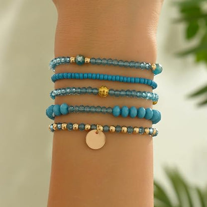 Bohemian Handmade Crystal Seed Beads Disc Pendant Colorful Multilayered Elastic Bracelets Stackable Stretch Strand Bangles Friendship Summer Beach Jewelry for Women - color: blue