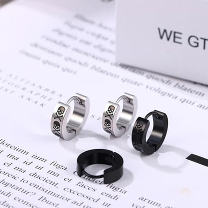 Aroncent 2-8Pcs Womens Mens Huggie Hoop Triangle Earrings Viking Runes Stainless Steel Ear Stud Novelty Black/Gold/Silver - color: D-Skull Hoop Earrings-2PCS