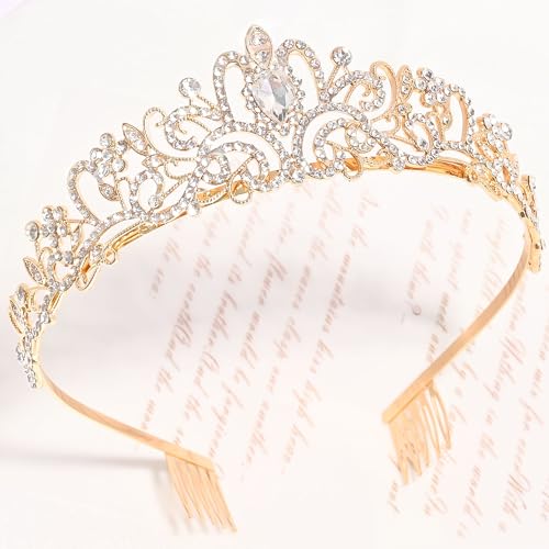 TAROSE Tiaras for Women, Birthday Crown and Sash for Girls | Birthday Sash Sunglasses Outfit, Birthday Gift for Women Girls, Goddess Crown Bride/Halloween/Prom/Party/Costume - color: 1 B. Gold+white