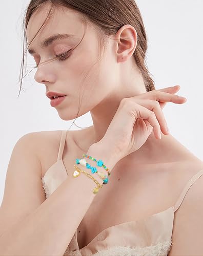 LALAPPLE Shell Bracelet Boho Beaded Stretch Bracelets for Women Seashell Strand Bracelets Starfish Charm Jewelry Summer Beach Jewelry Stackable Crystal Gold Plated Beads Bracelet for Women - style: T-Style6