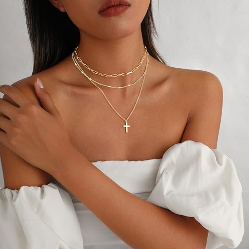 Gold Necklace for Women 14K Gold Plated Layered Cross Bar Necklace Herringbone Figaro Paperclip Flat Chain Cute Charm Accessories Non Tarnish Jewelry Set Gifts for Women - style: R-NK-07-Big cross-GD