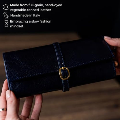 Time Resistance Leather Jewelry Roll - Full Grain Leather Travel Jewelry Case - Jewellery Organizer Made in Italy (Blue) - color: Blue