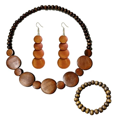 ONLYJUMP Colorful Ethnic Wooden Jewelry Set for Women Round Statement Dangle Earrings Multilayered Geometric Beaded Bracelet Necklace Exaggerated Tribal Style Jewelry - color: Brown