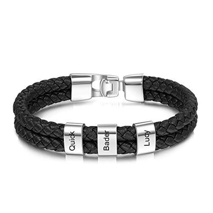 Personalized Braided Leather Bracelet with Photo Custom Name Beads Cuff Bangle Jewelry Gifts for Men Dad Husband Grandpa Fathers Day - color: Style 2--White-8.5inch