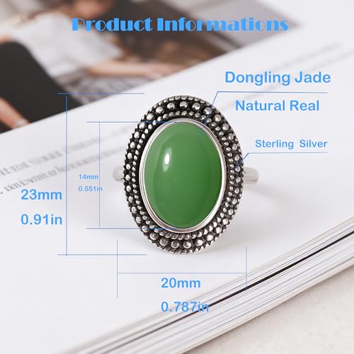 Retro Sterling Silver Stone Ring,Antique Natural Real Oval Crystal Quartz Gemstone Boho Bohemian Ring Jewelry for Women - color: A21_Dongling Jade
