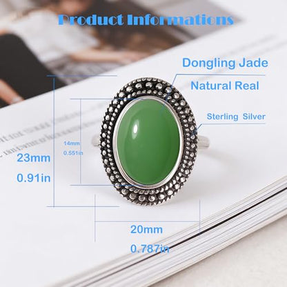 Retro Sterling Silver Stone Ring,Antique Natural Real Oval Crystal Quartz Gemstone Boho Bohemian Ring Jewelry for Women - color: A21_Dongling Jade