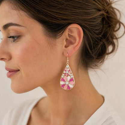 Colorful Green Teardrop Earrings for Women - Bohemian Style Enamel Dangle Earrings Lightweight Fashion Jewelry for Daily/Wedding/Party - color: Pink