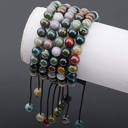 MASSIVE BEADS Natural Healing Power Gemstone Crystal Beads Unisex Adjustable Macrame Bracelets - color: Indian Agate, size: 8mm