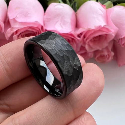 TUTISS 6mm 8mm Silver/Black/Gunmetal/Gold/Rose Gold Hammered Tungsten Rings for Men Women Couple Fashion Jewelry Engagement Wedding Bands Matte Finish Comfort Fit - color: 8mm Black Tungsten