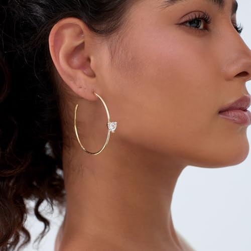 Large Gold Hoop Earrings for Women 14k Gold Plated with 925 Sterling Silver Post Big Open Hoops Earrings Trendy Cubic Zirconia Heart Hoop Earrings Jewelry Gifts for Women - color: gold 40mm