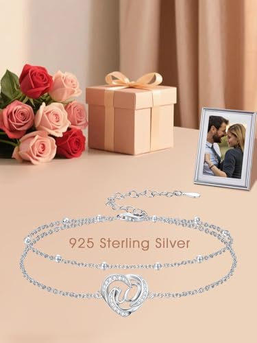 Dorunmo Initial Anklet 925 Sterling Silver Letter A-Z Layered Heart Anklet Beach Jewelry Birthday Gifts for Women - color: W