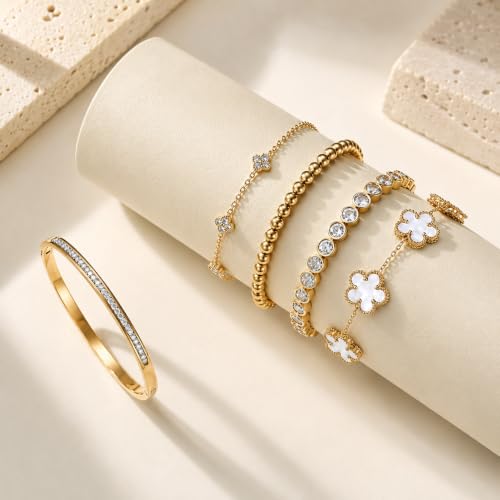 18K Gold Plated Clover Bracelet Set for Women - Four Leaf Lucky Clover Stackable Bracelets, Adjustable Beaded Chain Jewelry, Trendy Birthday Gift for Her