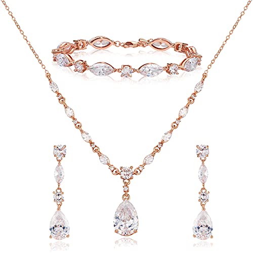 SWEETV Bridal Wedding Jewelry Set for Brides,Teardrop Bridesmaids Jewelry Set - color: 02.Rose Gold