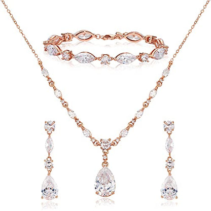 SWEETV Bridal Wedding Jewelry Set for Brides,Teardrop Bridesmaids Jewelry Set - color: 02.Rose Gold