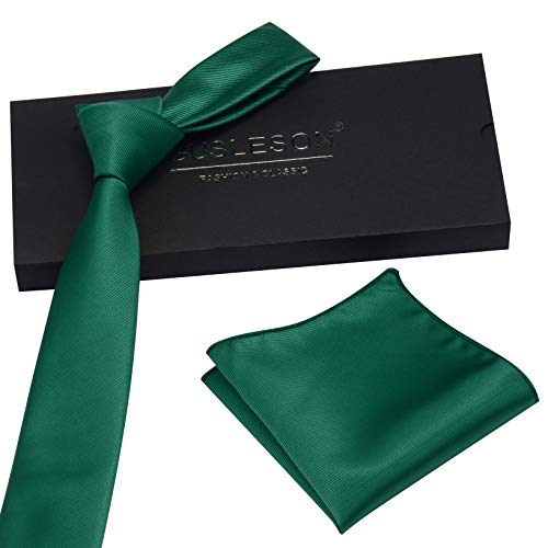 GUSLESON 2.4" Slim Necktie and Handkerchief Set For Men Solid Skinny Tie Set - color: Emerald Green