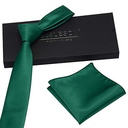 GUSLESON 2.4" Slim Necktie and Handkerchief Set For Men Solid Skinny Tie Set - color: Emerald Green