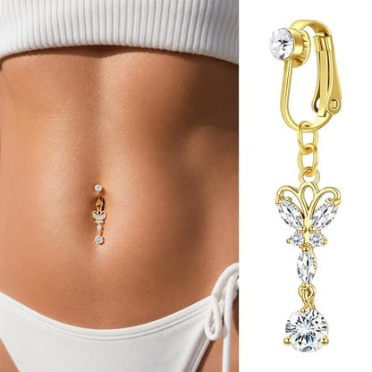 Zolure Gold/Silver Fake Belly Ring 3PCS Clip on Belly Button Rings Surgical Steel Non Piercing Navel Ring Devil Butterfly Clear CZ Dangle Fake Belly Piercing Jewelry with Pain Reducing Silicone Pad - color: gold