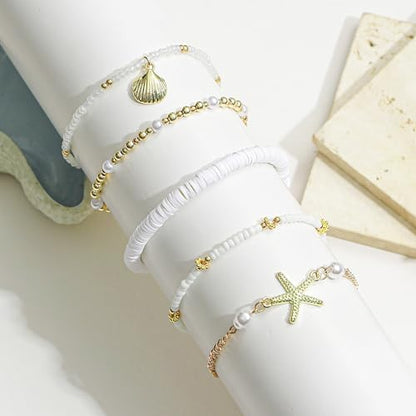 Shell Ankle Bracelet For Women Boho Beaded Seashell Starfish Conch Pearl Sea Turtle Puka Layered Gold Anklet Set Hawaiian Summer Beach Handmade Foot Jewelry Gift Set Adjustable - style: scallop