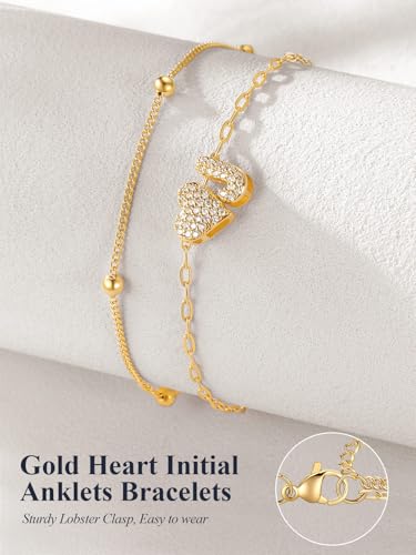 U7 Heart Initial Ankle Bracelets for Women Waterproof, Silver/14K Gold Plated Anklets CZ Initial Heart Anklets Stainless Steel Summer Beach Ankle Adjustable 8.5"-10.5" - color: Gold