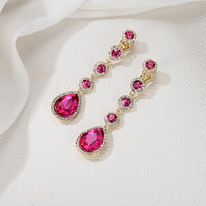 EleQueen Women's Wedding Crystal Teardrop Pear Shape 3 Inch Clip on Long Dangle Earrings for Bride Bridesmaid, Jewelry for Party Prom/Anniversary - color: Hot Pink Gold-Tone