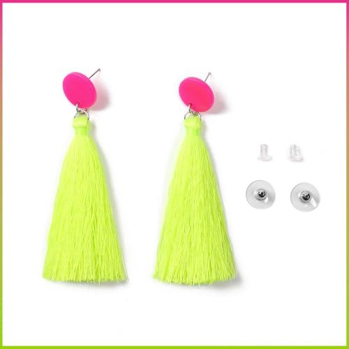 80s 90s Neon Tassel Dangle Earrings, Long Colorful Fringe Drop Earrings for Women, Retro Costume Jewelry for Party & Festival