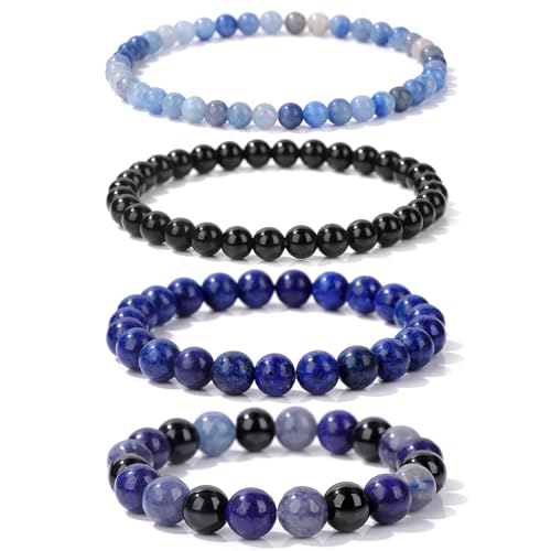 Vinswet 4pcs Beaded Bracelets for Women,Natural Healing Crystal Gemstones Bracelet,Anxiety Stress Relief Bracelet Handmade purple Jewelry Gifts for Women - color: Blue Aventurine&Black Obsidian&lapis lazuli