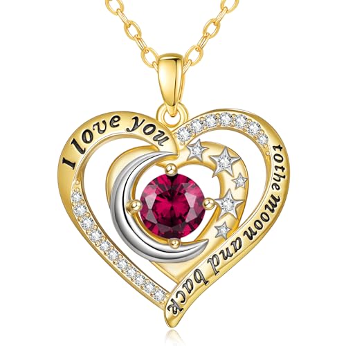 14K Gold I Love You to the Moon and Back Necklace for Women, Double Heart Birthstone Necklace, Moon Star Love Jewelry, Christmas Valentines Mothers Day Birthday Gifts for Wife Mom Girlfriend - color: 07-Jul Birthstone