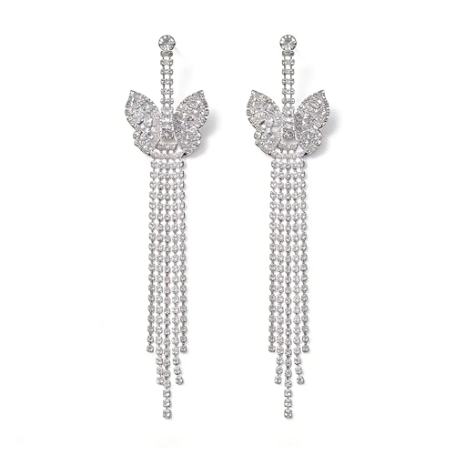 Rhinestone Earrings Dangling for Women Sparkly Silver Dangle Earrings Girls Long Chandelier Earrings Tassel Lightweight Ear Studs Cubic Zirconia (KE001S-W) - color: Bow Butterfly 816263S