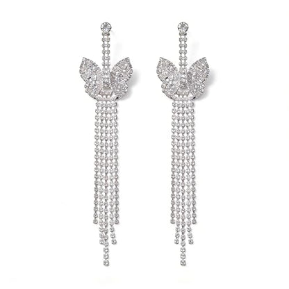 Rhinestone Earrings Dangling for Women Sparkly Silver Dangle Earrings Girls Long Chandelier Earrings Tassel Lightweight Ear Studs Cubic Zirconia (KE001S-W) - color: Bow Butterfly 816263S