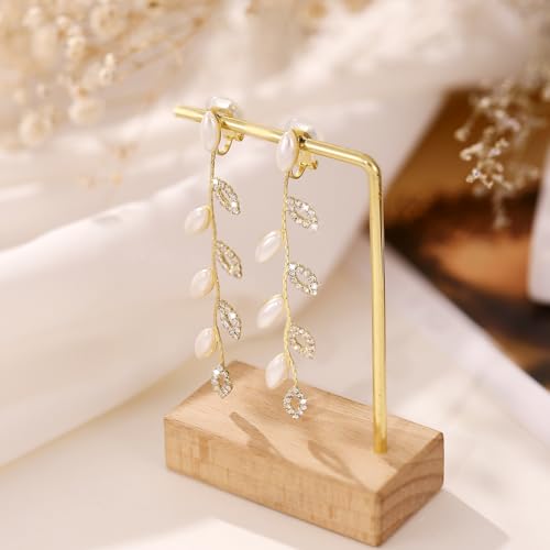 Gold/Silver Clip on Earrings Non Pierced for Women - 14K Gold Plated Long Tasse Drop Dangle Clip Earrings - Cubic Zirconia Leaf Earrings for Women Gold Wedding Jewelry Gifts - color: Gold-pearl
