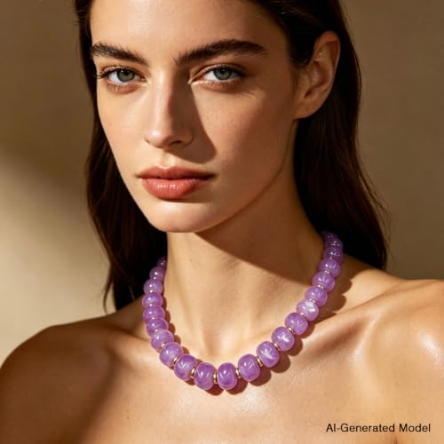 Colorful Chunky Resin Beaded Choker Necklaces for Women | Multicolor Beads, Sturdy Metal Chain, Adjustable, Detachable, Lightweight, Summer Beach Boho, Trendy Statement Jewelry Gift - color: Light Purple