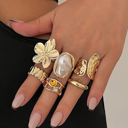 Gold Silver Chunky Ring Set for Women,Open Stacking Knuckle Statement Ring,Boho Flower Baroque Pearl Rings Set,Minimalist Aesthetic Rings Jewelry Gifts