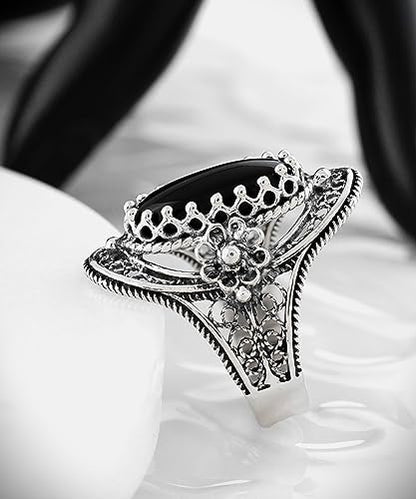 Filigranist 925 Sterling Silver Handcrafted Filigree Art Flower Pattern Woman Oval Statement Ring, Gift Boxed - color: Black Onyx