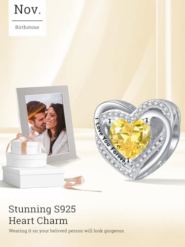 Heart Birthstone Charms for Bracelets, 925 Sterling Silver Women Bead Charms for Charm Bracelets Necklace, Mother's Day Birthday Anniversary Jewelry Gifts for Wife Mom Grandma Daughter - style: Bead - Nov - Citrine
