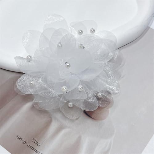 13cm/5in Beaded Mesh Flower Brooch Pin for Women Girls Dainty Round Shell Pearl Ball Beads Camellia Peony Flowers Brooches Lapel Hair Pins Elegant Wedding Anniversary Accessories Jewelry - color: White