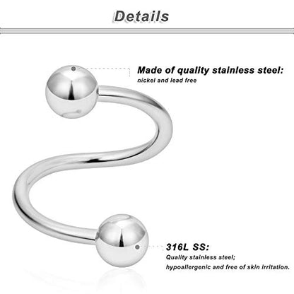 16G Spiral Lip Rings Hoops 316L Surgical Steel Cartilage Helix Tragus Earring Lip Eyebrow Labret Septum Smiley Rings Hoop Piercing Jewelry 8mm 10mm - color: B:8MM-Mix color