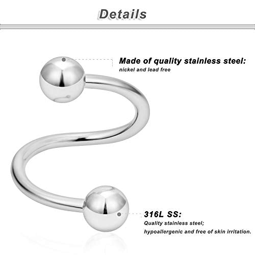16G Spiral Lip Rings Hoops 316L Surgical Steel Cartilage Helix Tragus Earring Lip Eyebrow Labret Septum Smiley Rings Hoop Piercing Jewelry 8mm 10mm - color: F:24pcs 10MM Mix Color