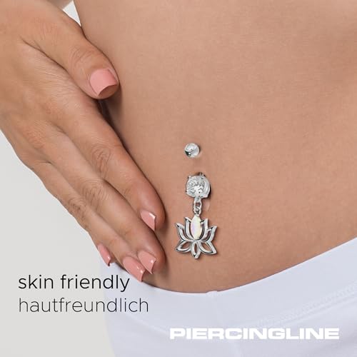 PIERCINGLINE Surgical steel belly button piercing dangle LOTUS BLOSSOM WITH SYNTHETIC OPAL 14 G belly button ring surgical steel belly piercing new version with improved durability - color: Rosegold-colored